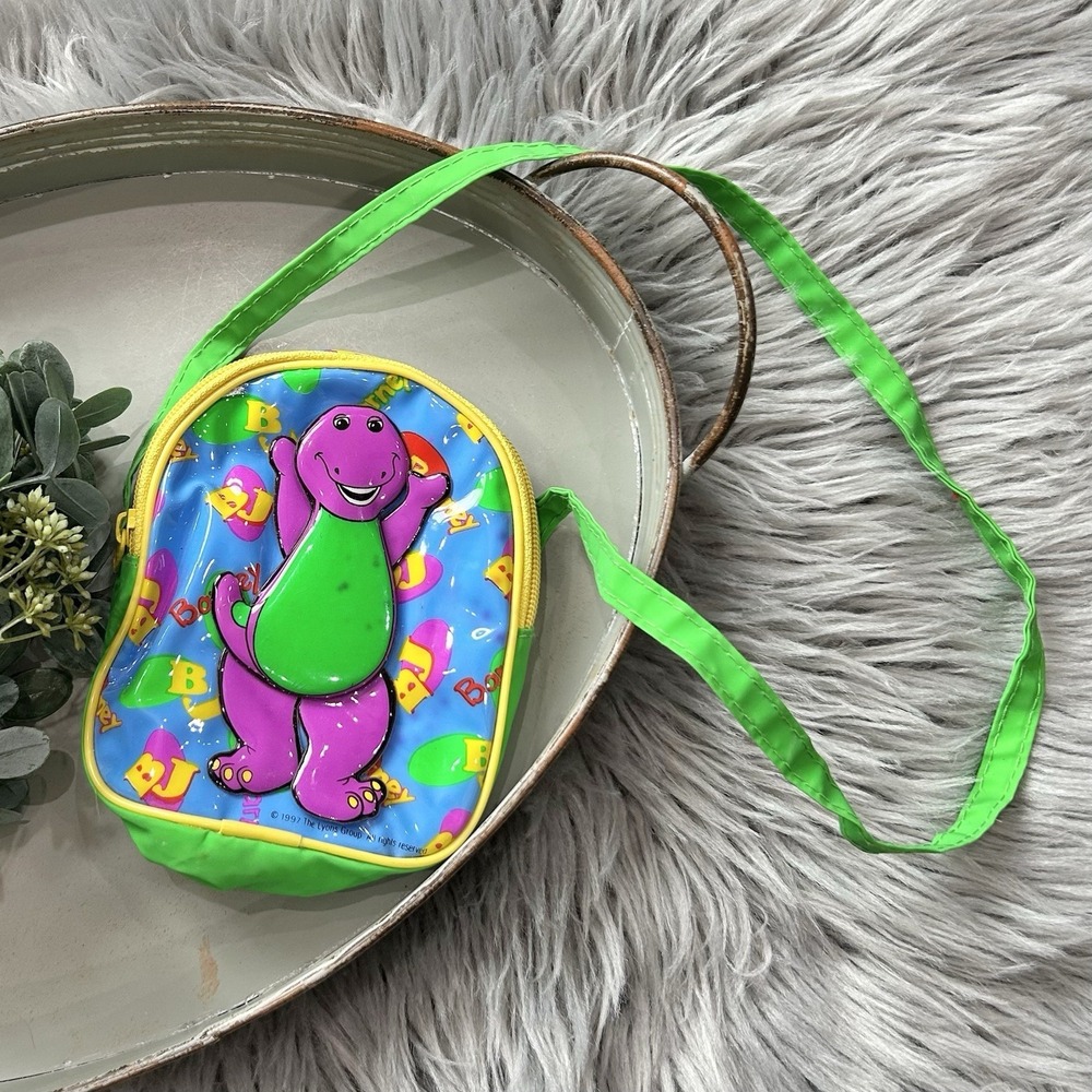 Vintage Barney 1997‎ PVC Crossbody Bag By The Lyons Group Purple Dinosaur Purse